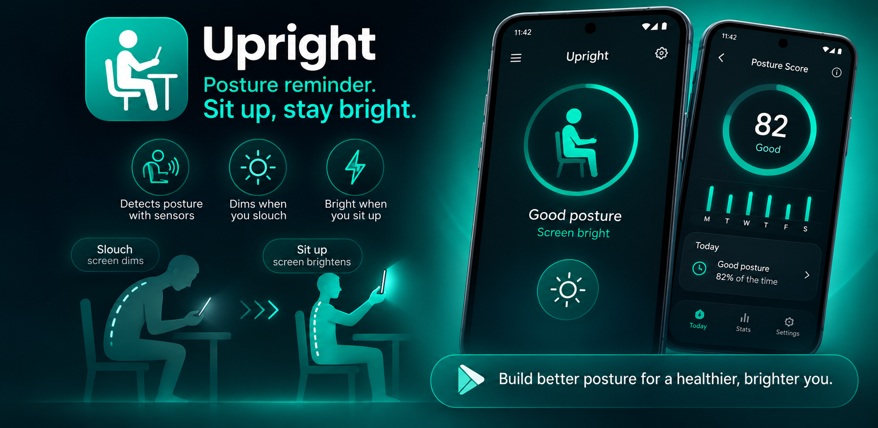 Upright: posture reminder. Detects posture with sensors, dims when you slouch, bright when you sit up.